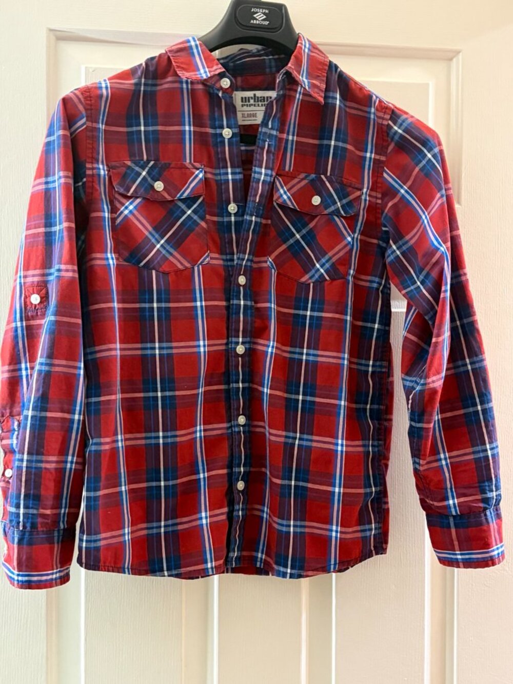 Urban Pipeline Boys XL Plaid Button Down Shirt Roll Tab Sleeves Red Blue